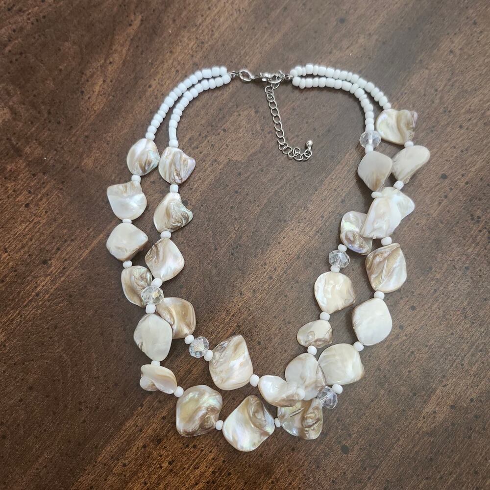 Mother Of Pearl Shell Glass Bead Necklace Ivory Double Strand Adjustable Chunky